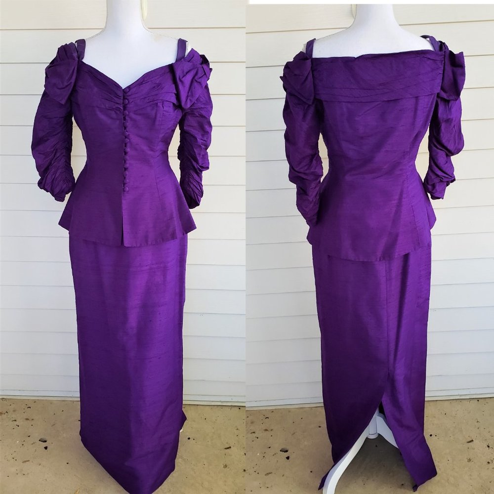 Vintage 80s 2 piece 100% Silk Dramatic deep purple maxi skirt w/ fitted top